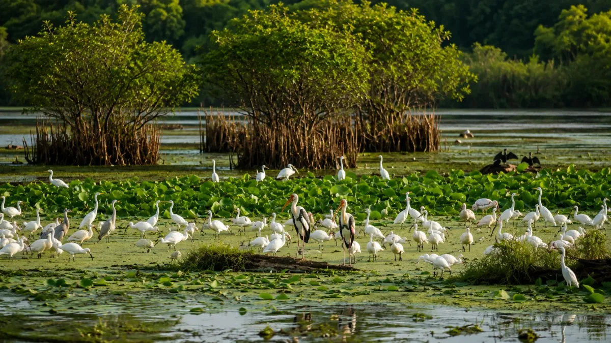 Wading birds gathered among wetland vegetation beneath trees.